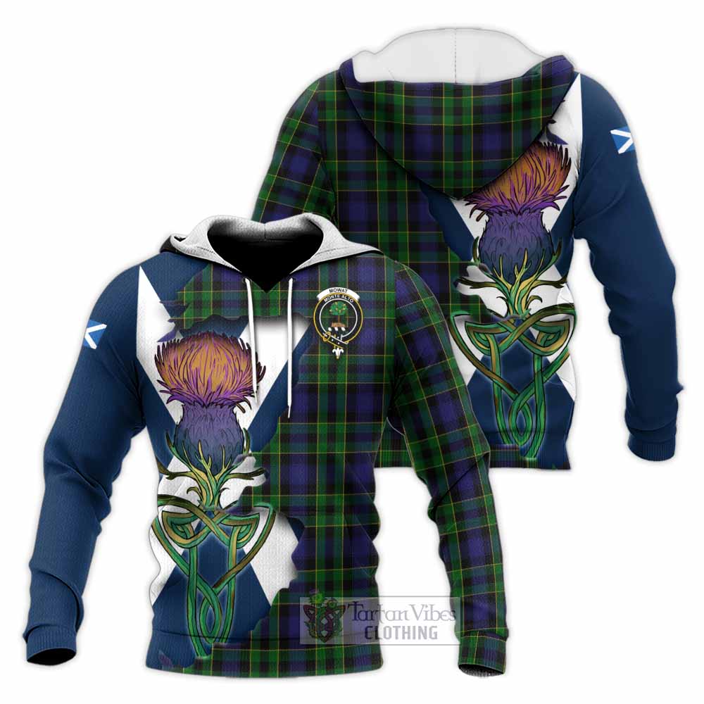 Tartan Vibes Clothing Mowat Tartan Family Crest Knitted Hoodie Scottish Thistle Celtic Inspired
