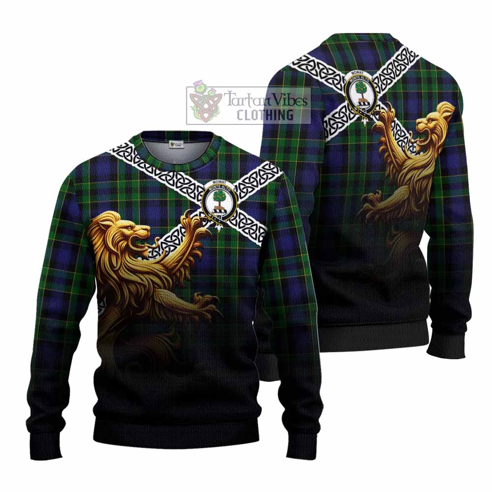 Mowat Crest Tartan Knitted Sweater with Golden Lion Emblem Celtic Style - Tartan Vibes Clothing