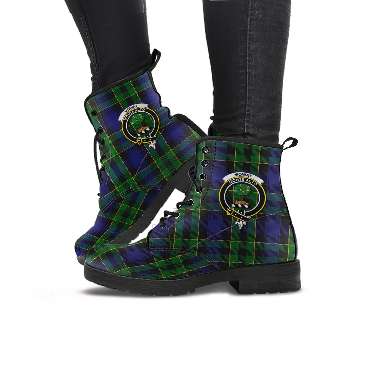 Mowat Tartan Leather Boots with Family Crest - Tartan Vibes Clothing