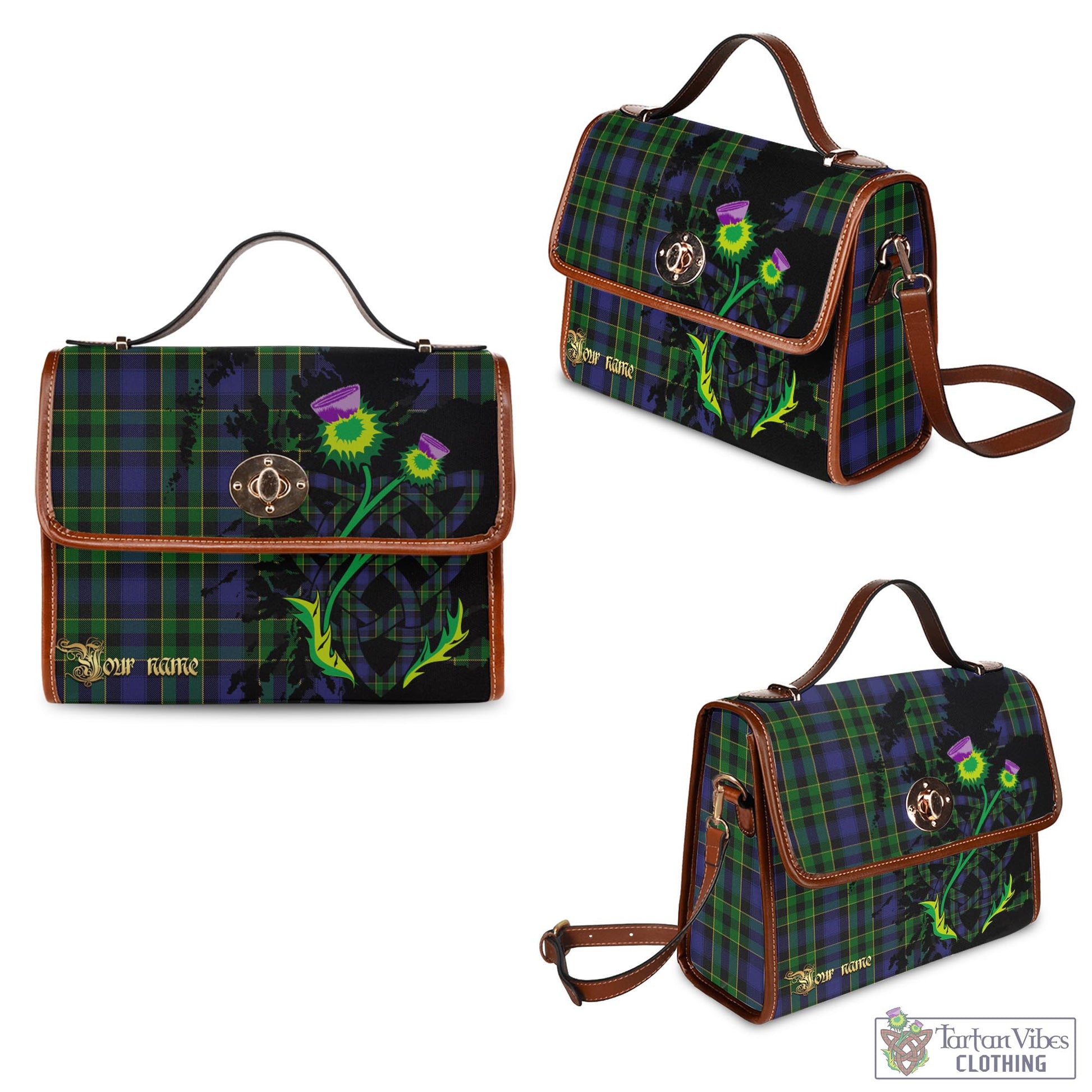 Tartan Vibes Clothing Mowat Tartan Waterproof Canvas Bag with Scotland Map and Thistle Celtic Accents