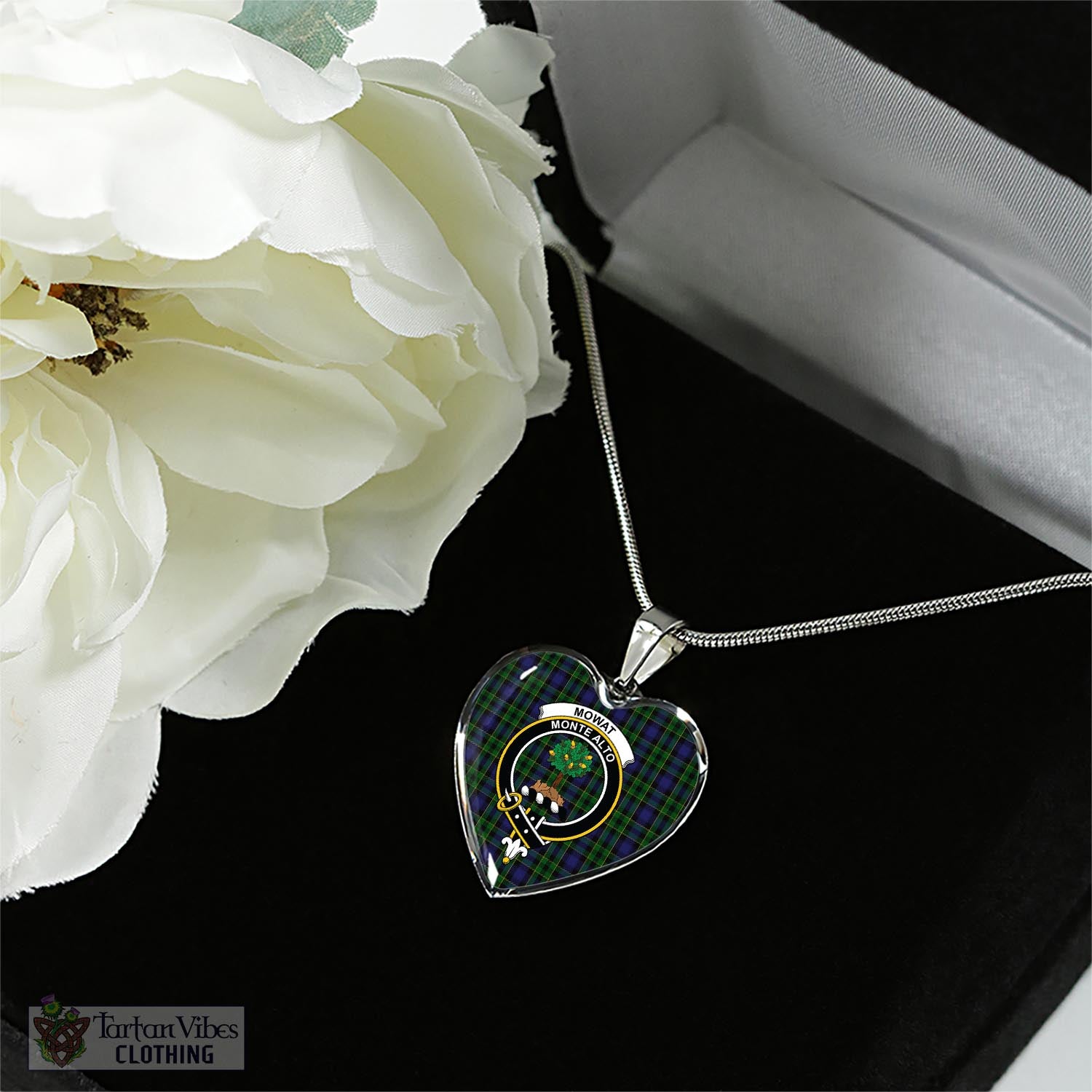 Mowat Tartan Heart Necklace with Family Crest - Tartan Vibes Clothing