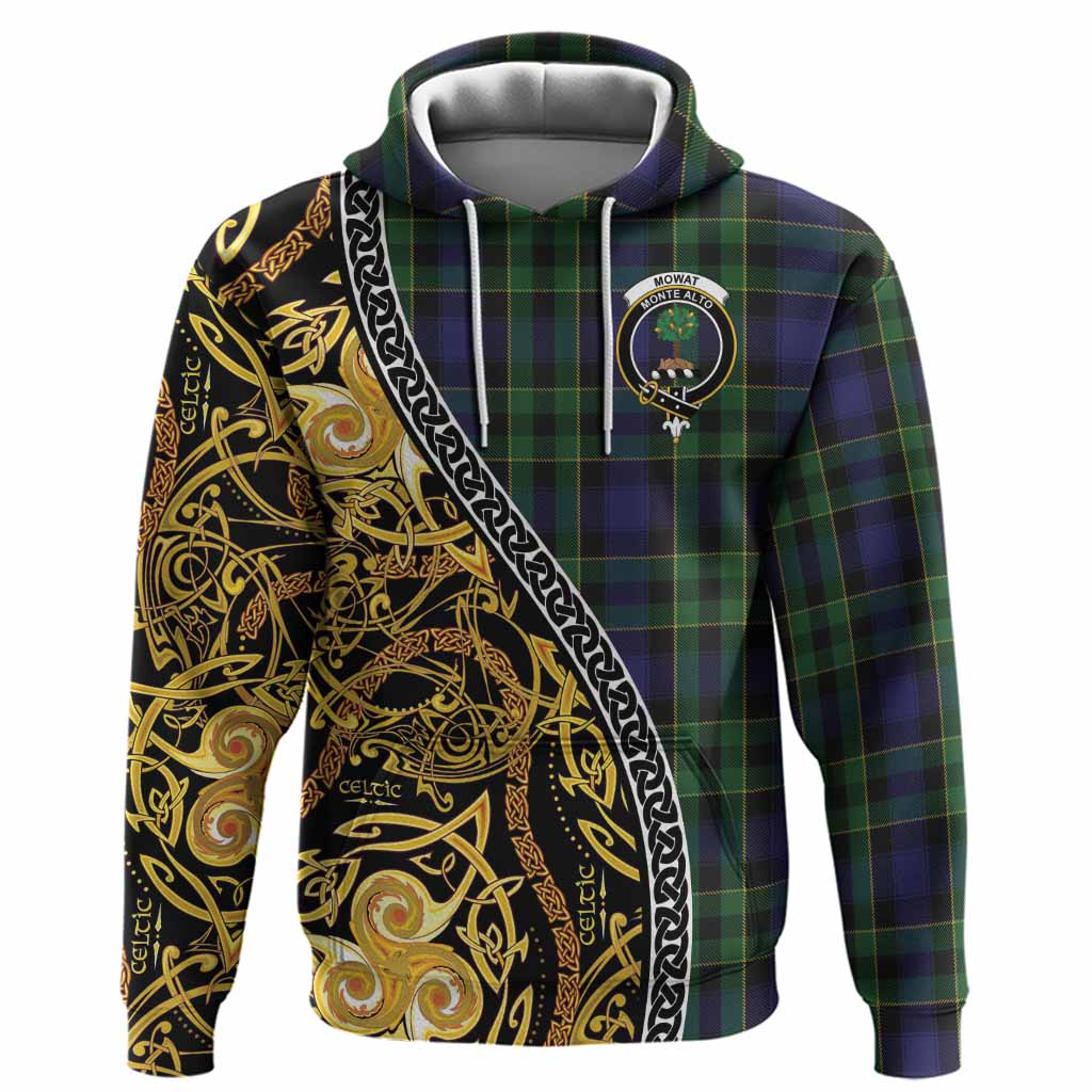 Mowat Tartan Crest Hoodie Celtic Knot and Triple Trickle Spiral Symbols