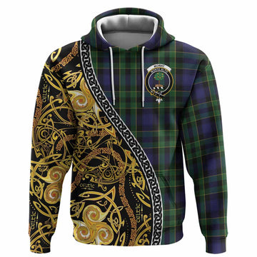 Mowat Tartan Crest Hoodie Celtic Knot and Triple Trickle Spiral Symbols