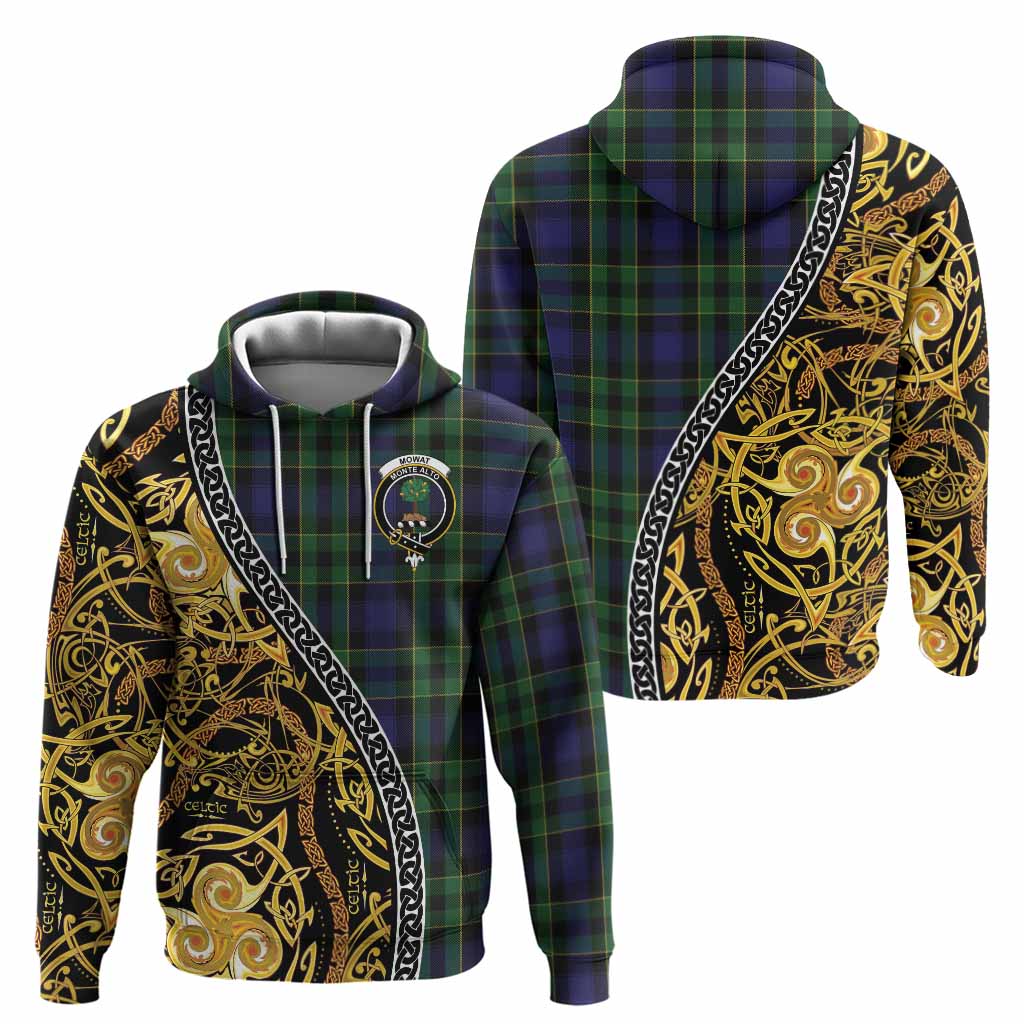 Mowat Tartan Crest Hoodie Celtic Knot and Triple Trickle Spiral Symbols