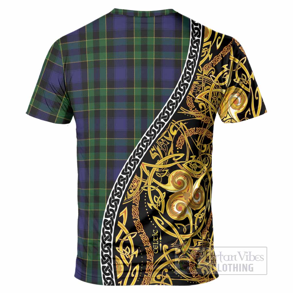Mowat Tartan Crest T-Shirt Celtic Knot and Triple Trickle Spiral Symbols