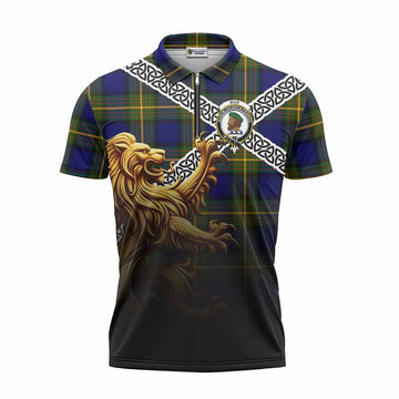 Muir Crest Tartan Zipper Polo Shirt with Golden Lion Emblem Celtic Style