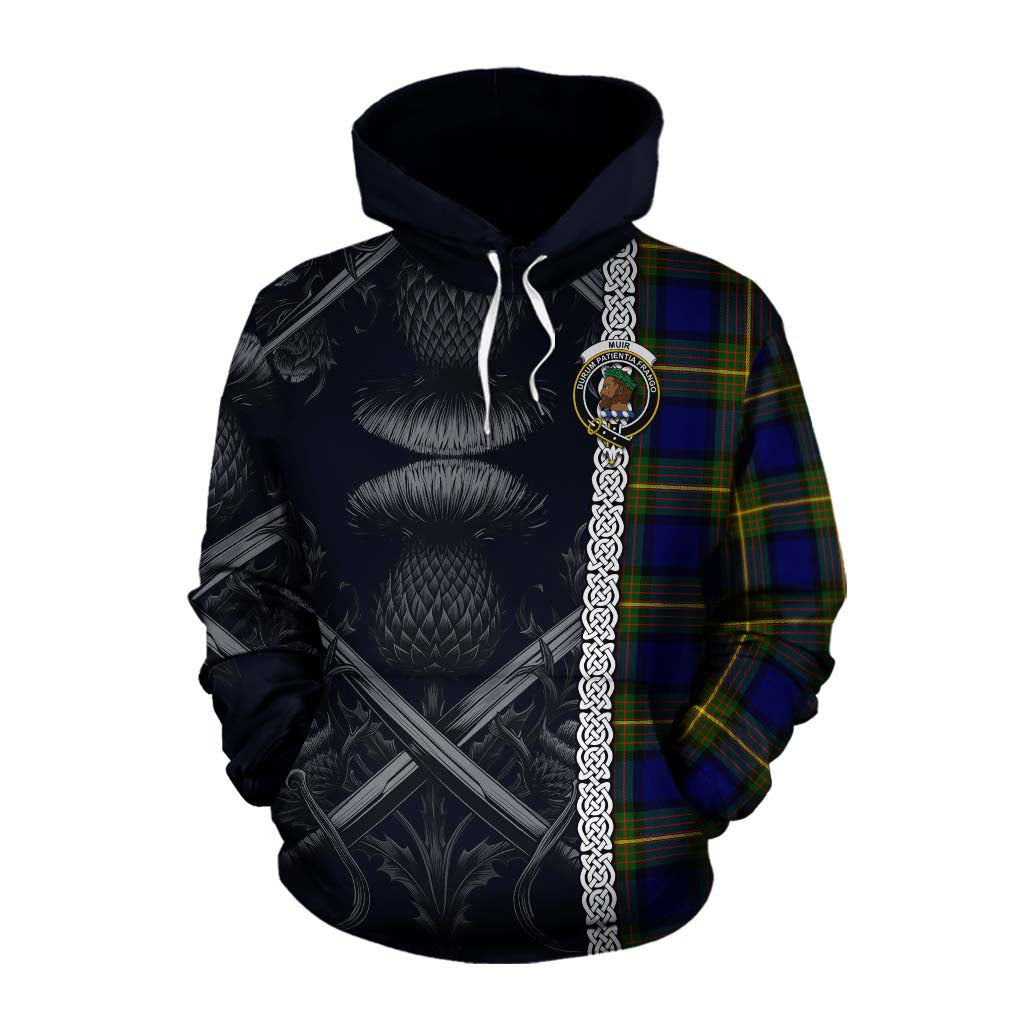 Tartan Vibes Clothing Muir Tartan Cotton Hoodie with Family Crest Cross Sword Thistle Celtic Vibes
