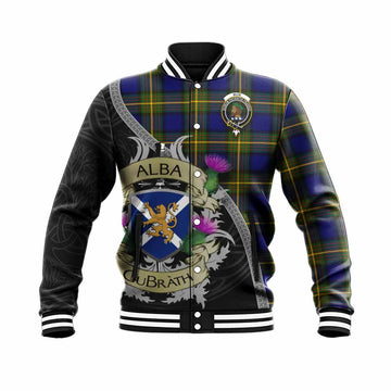 Tartan Vibes Clothing Muir Tartan Family Crest Baseball Jacket Lion Rampant Royal Thistle Shield Celtic Inspired