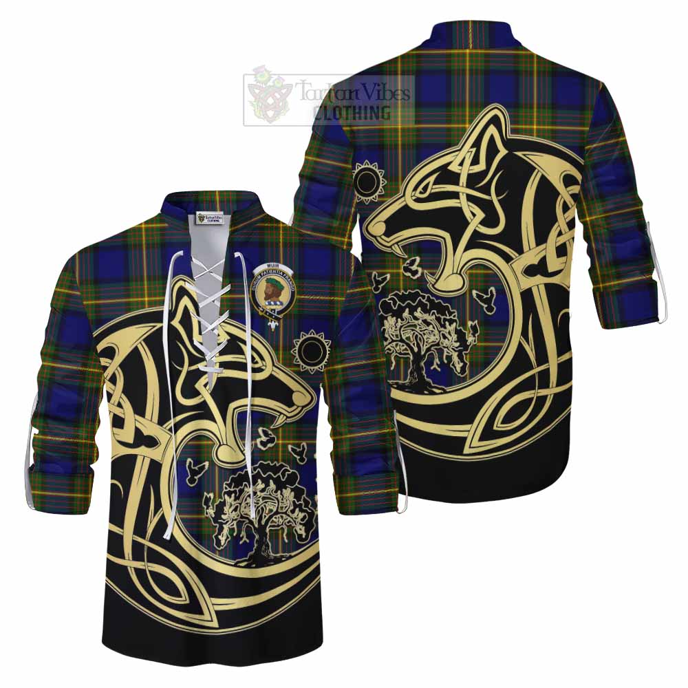 Tartan Vibes Clothing Muir Tartan Ghillie Kilt Shirt with Family Crest Celtic Wolf Style