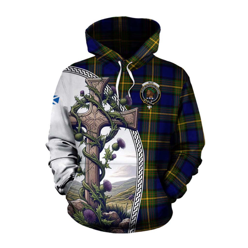Tartan Vibes Clothing Muir Tartan Cotton Hoodie with Family Crest and St. Andrew's Cross Accented by Thistle Vines