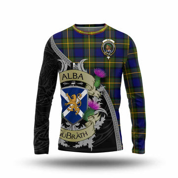 Muir Tartan Family Crest Long Sleeve T-Shirt Lion Rampant Royal Thistle Shield Celtic Inspired