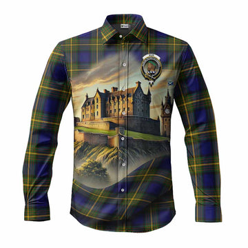 Tartan Vibes Clothing Muir Tartan Family Crest Long Sleeve Button Shirt with Scottish Ancient Castle Style