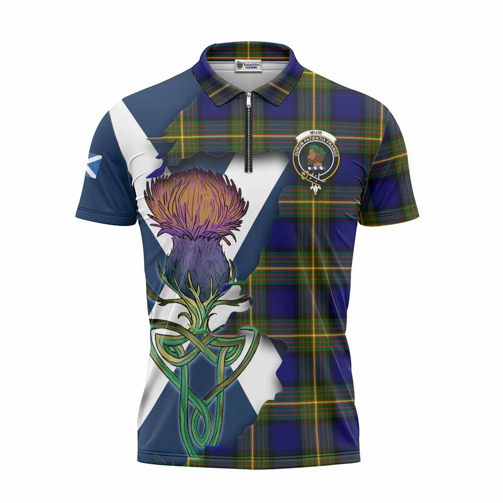 Tartan Vibes Clothing Muir Tartan Family Crest Zipper Polo Shirt Scottish Thistle Celtic Inspired