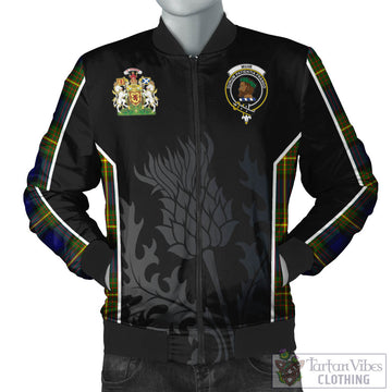 Muir Tartan Bomber Jacket with Family Crest and Scottish Thistle Vibes Sport Style