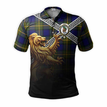 Muir Crest Tartan Polo Shirt with Golden Lion Emblem Celtic Style