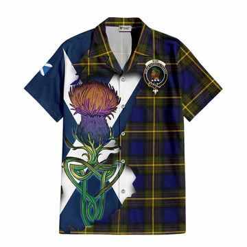 Tartan Vibes Clothing Muir Tartan Family Crest Short Sleeve Button Shirt Scottish Thistle Celtic Inspired