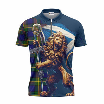 Tartan Vibes Clothing Muir Tartan Family Crest Zipper Polo Shirt with Scottish Majestic Lion