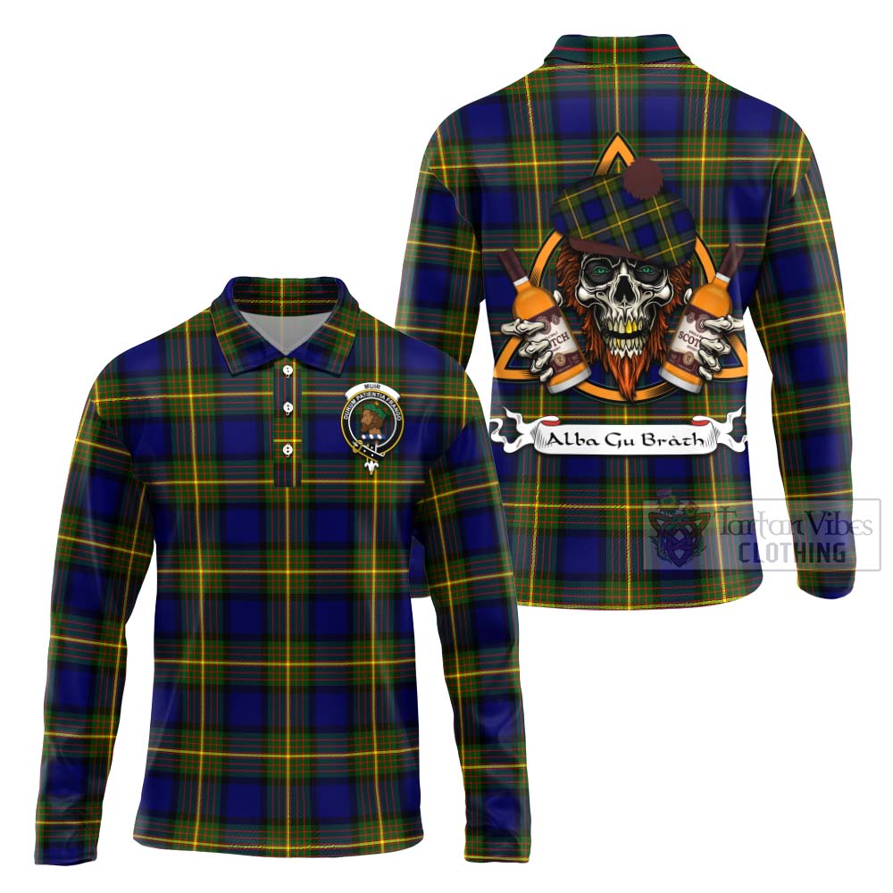 Tartan Vibes Clothing Muir Tartan Long Sleeve Polo Shirt with Family Crest and Bearded Skull Holding Bottles of Whiskey