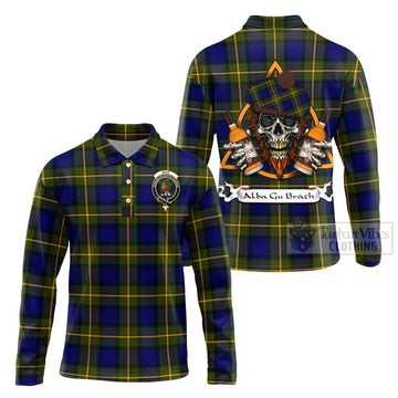 Tartan Vibes Clothing Muir Tartan Long Sleeve Polo Shirt with Family Crest and Bearded Skull Holding Bottles of Whiskey