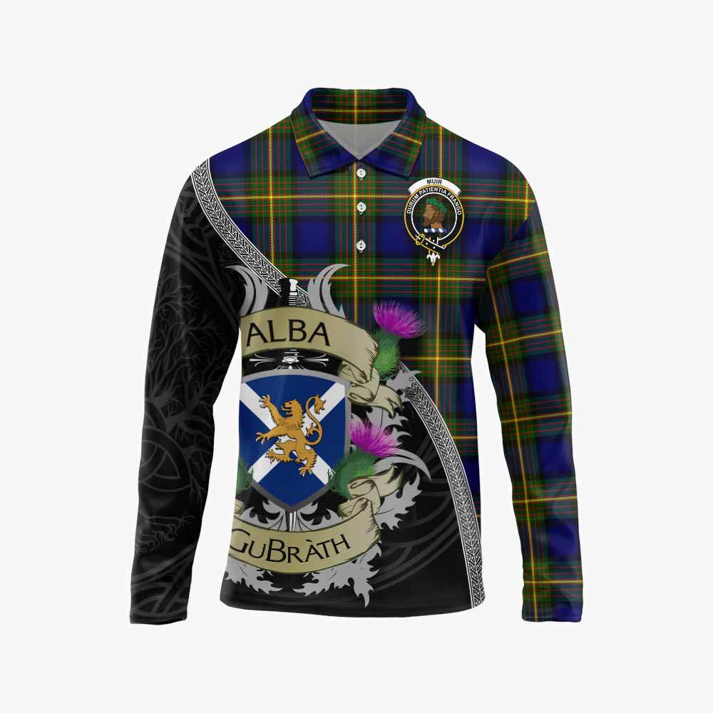 Tartan Vibes Clothing Muir Tartan Family Crest Long Sleeve Polo Shirt Lion Rampant Royal Thistle Shield Celtic Inspired