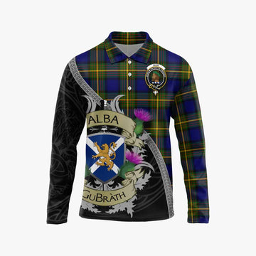 Muir Tartan Family Crest Long Sleeve Polo Shirt Lion Rampant Royal Thistle Shield Celtic Inspired