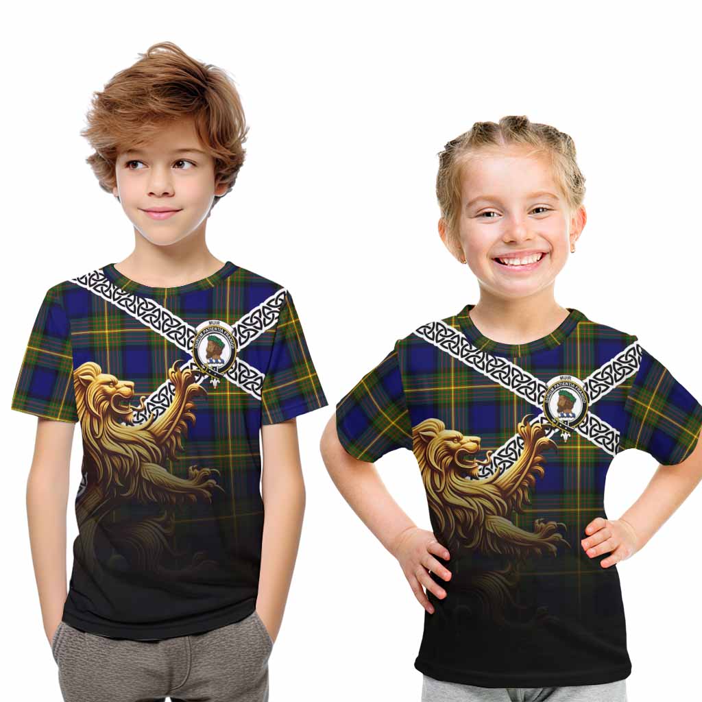 Tartan Vibes Clothing Muir Crest Tartan Kid T-Shirt with Golden Lion Emblem Celtic Style