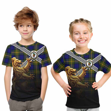 Tartan Vibes Clothing Muir Crest Tartan Kid T-Shirt with Golden Lion Emblem Celtic Style