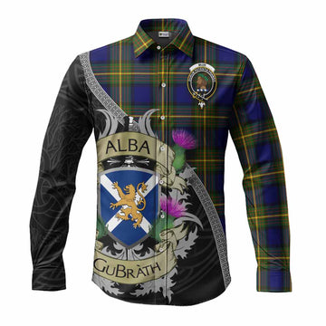 Tartan Vibes Clothing Muir Tartan Family Crest Long Sleeve Button Shirt Lion Rampant Royal Thistle Shield Celtic Inspired