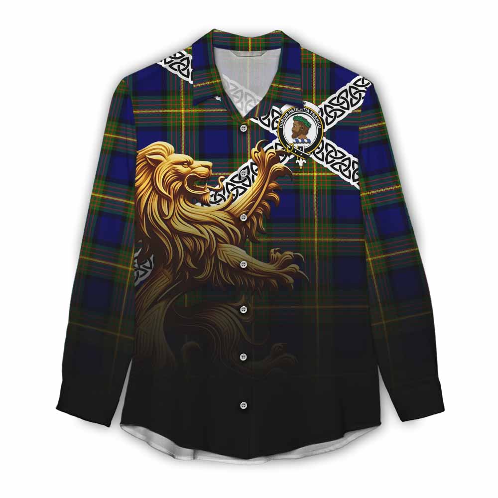 Tartan Vibes Clothing Muir Crest Tartan Women's Casual Shirt with Golden Lion Emblem Celtic Style