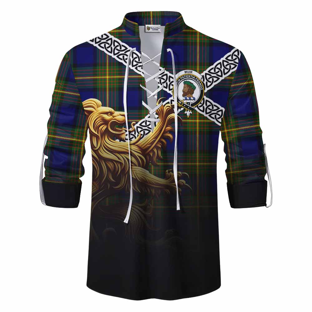 Tartan Vibes Clothing Muir Crest Tartan Ghillie Kilt Shirt with Golden Lion Emblem Celtic Style