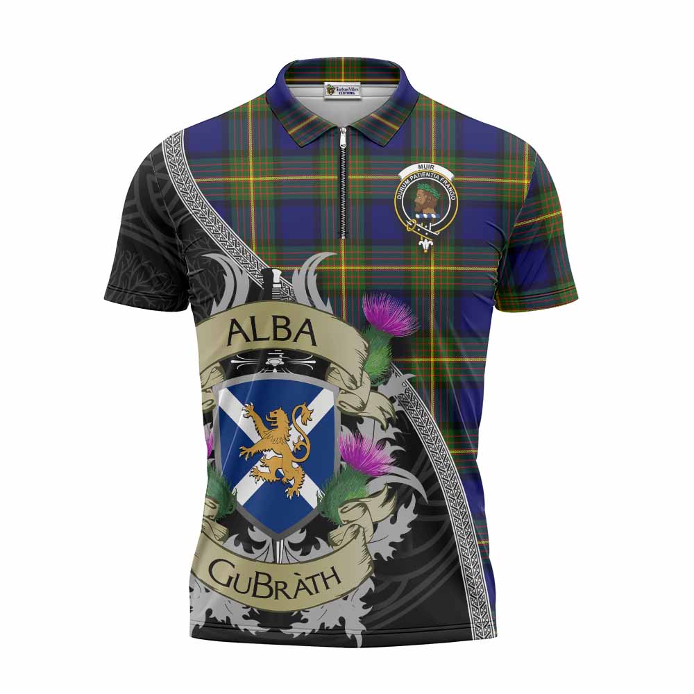 Tartan Vibes Clothing Muir Tartan Family Crest Zipper Polo Shirt Lion Rampant Royal Thistle Shield Celtic Inspired
