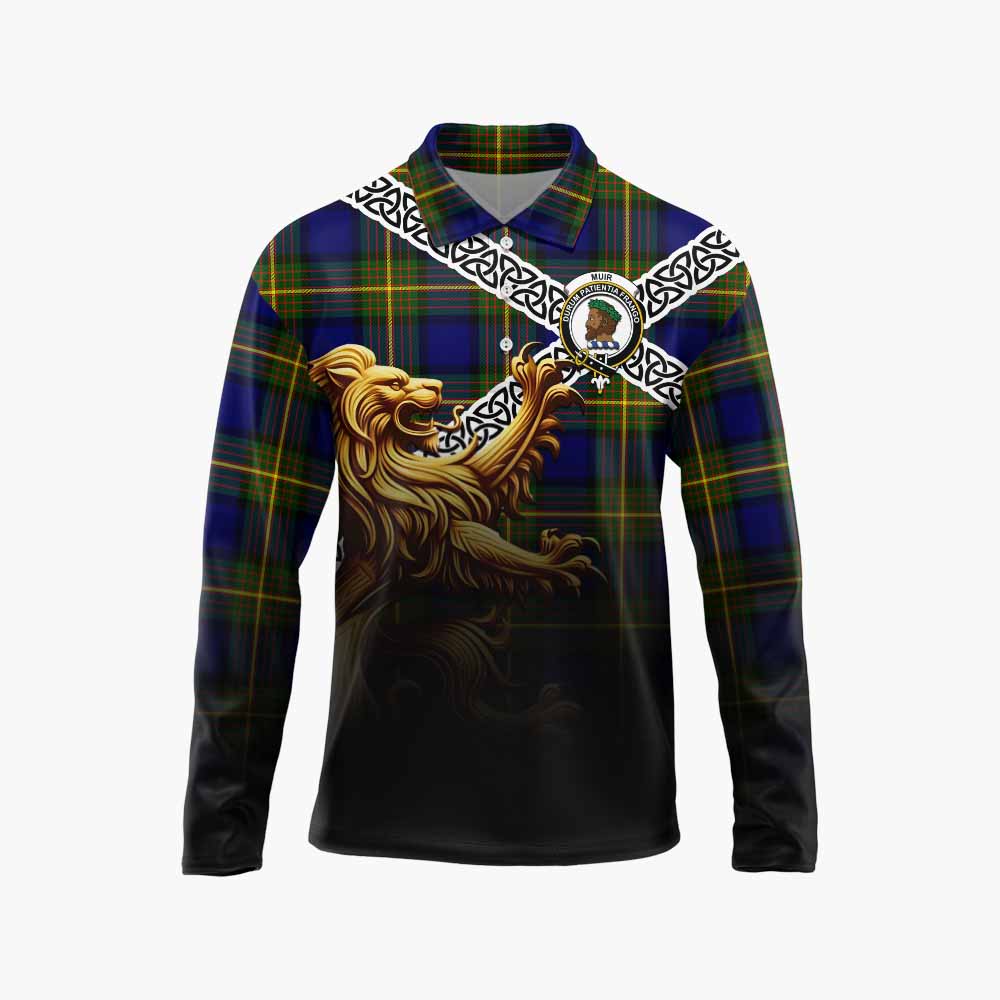 Tartan Vibes Clothing Muir Crest Tartan Long Sleeve Polo Shirt with Golden Lion Emblem Celtic Style