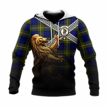 Muir Crest Tartan Knitted Hoodie with Golden Lion Emblem Celtic Style