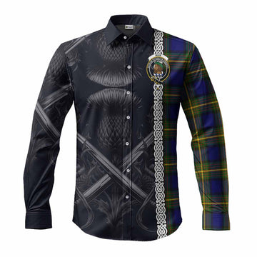 Tartan Vibes Clothing Muir Tartan Long Sleeve Button Shirt with Family Crest Cross Sword Thistle Celtic Vibes
