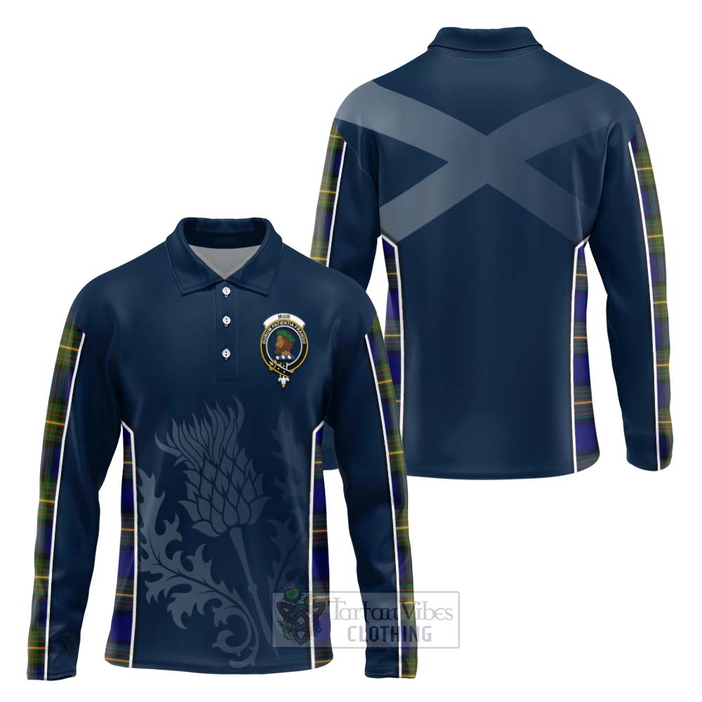 Tartan Vibes Clothing Muir Tartan Long Sleeve Polo Shirt with Family Crest and Scottish Thistle Vibes Sport Style