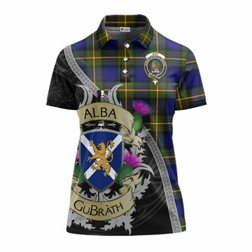 Muir Tartan Family Crest Women's Polo Shirt Lion Rampant Royal Thistle Shield Celtic Inspired