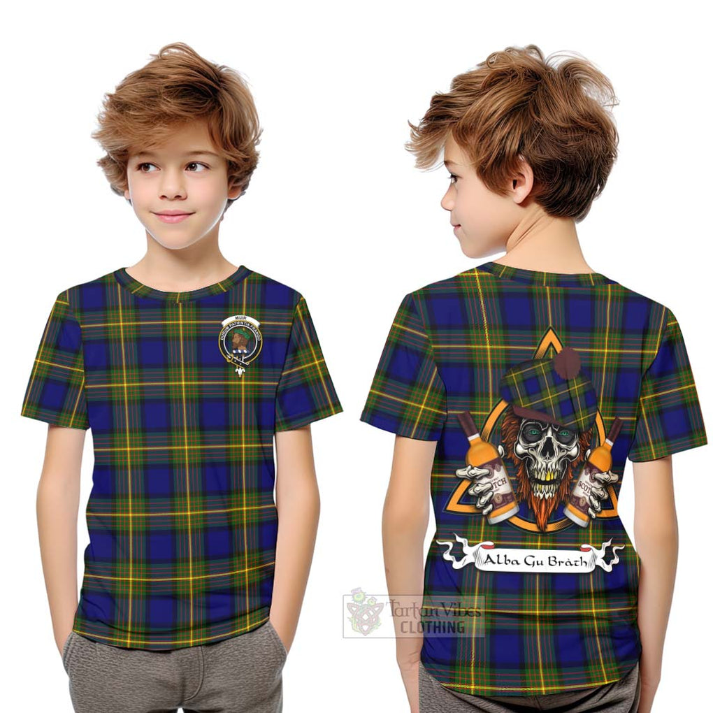 Tartan Vibes Clothing Muir Tartan Kid T-Shirt with Family Crest and Bearded Skull Holding Bottles of Whiskey