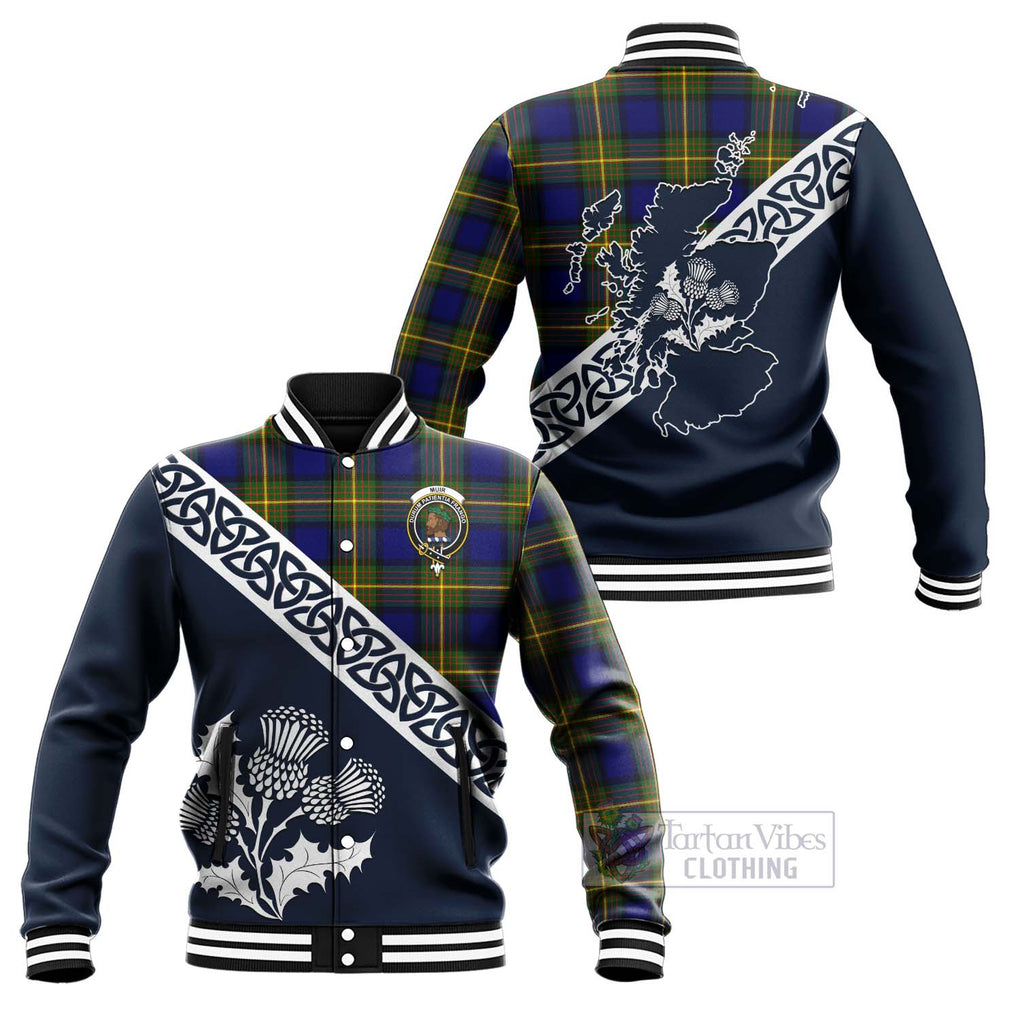 Tartan Vibes Clothing Muir Tartan Baseball Jacket Featuring Thistle and Scotland Map