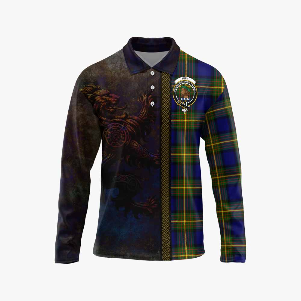 Tartan Vibes Clothing Muir Tartan Family Crest Long Sleeve Polo Shirt Alba Gu Brath Be Brave Lion Ancient Style