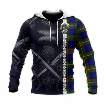 Muir Tartan Knitted Hoodie with Family Crest Cross Sword Thistle Celtic Vibes