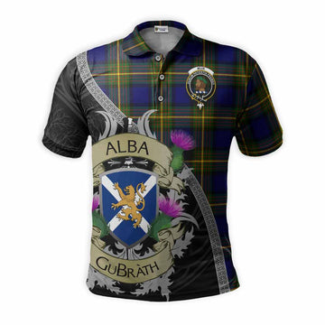 Muir Tartan Family Crest Polo Shirt Lion Rampant Royal Thistle Shield Celtic Inspired