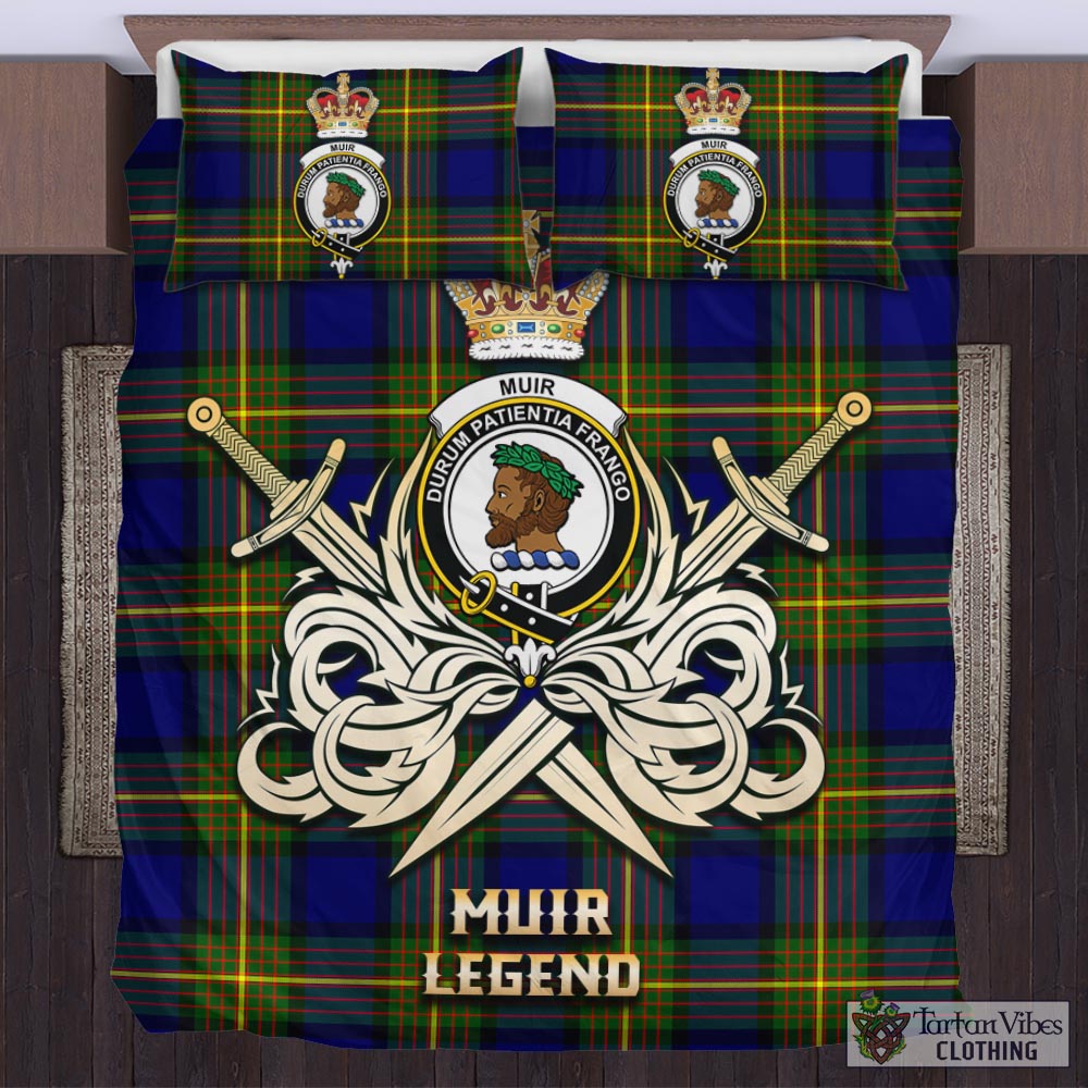 Tartan Vibes Clothing Muir Tartan Bedding Set with Clan Crest and the Golden Sword of Courageous Legacy