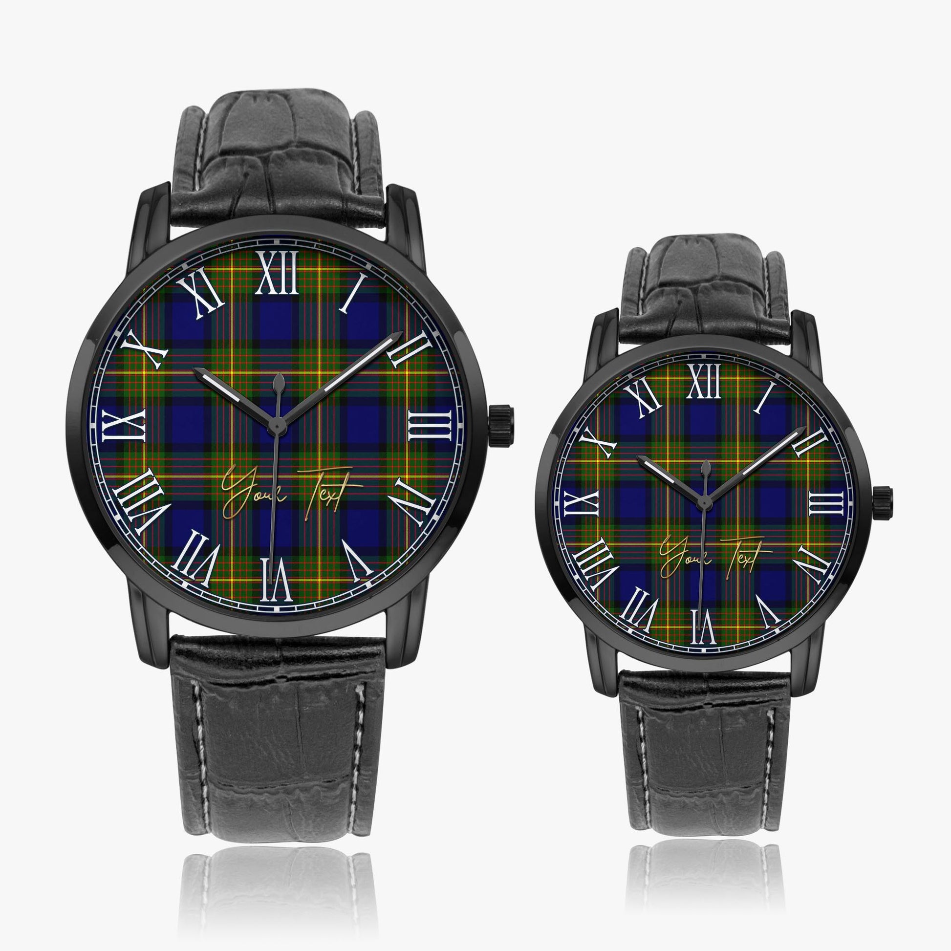 Muir Tartan Personalized Your Text Leather Trap Quartz Watch Wide Type Black Case With Black Leather Strap - Tartanvibesclothing