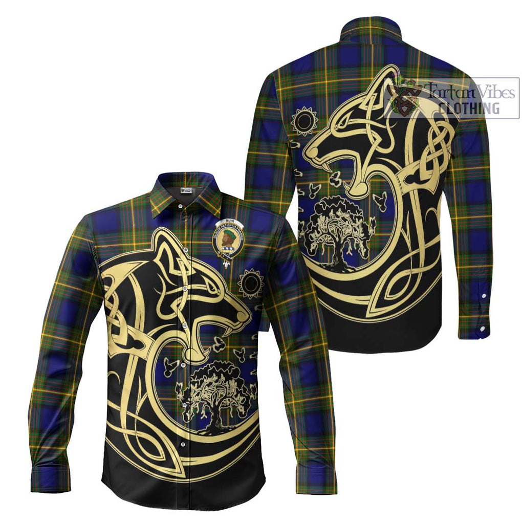 Muir Tartan Long Sleeve Button Shirt with Family Crest Celtic Wolf Style Men's Shirt S - Tartan Vibes Clothing