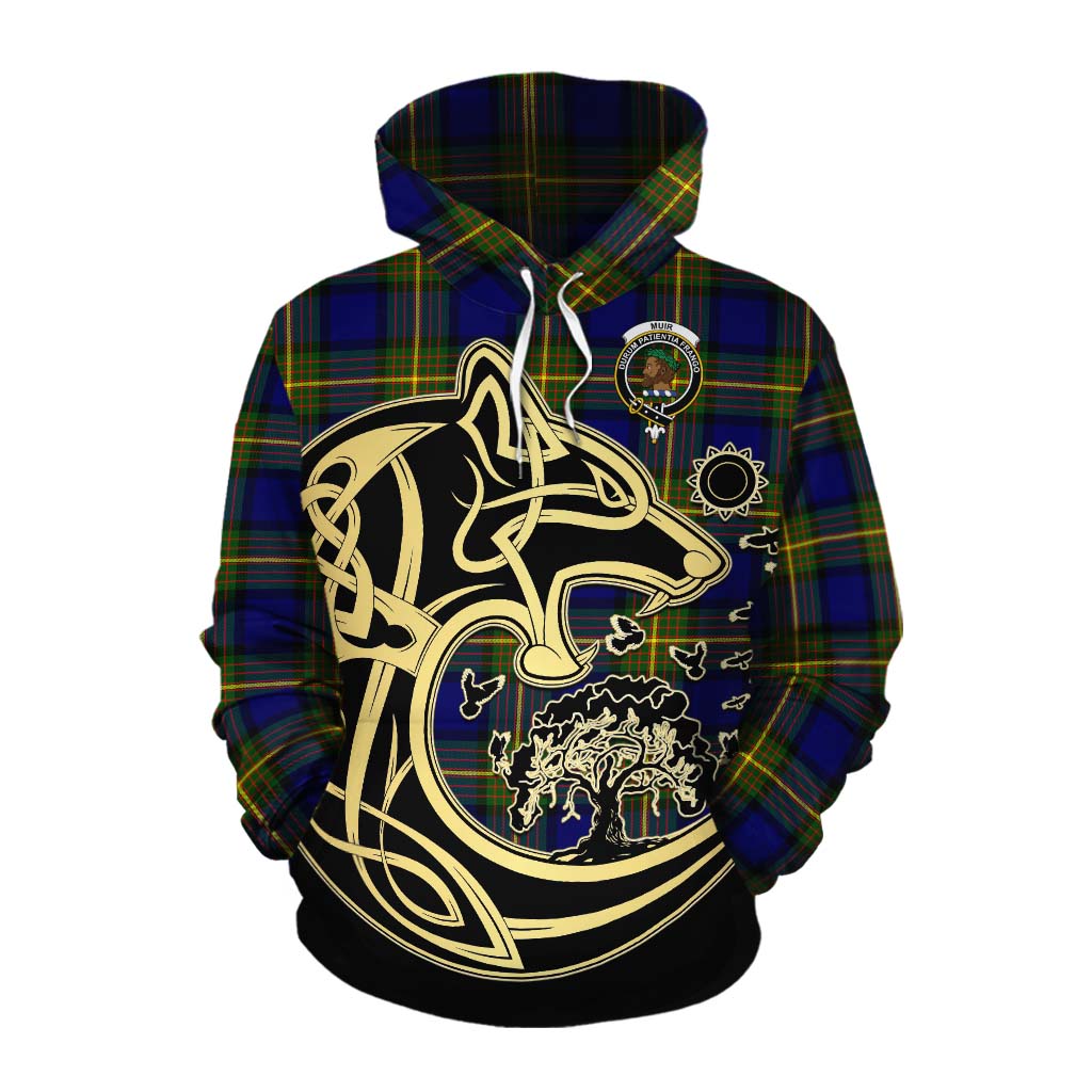 Tartan Vibes Clothing Muir Tartan Cotton Hoodie with Family Crest Celtic Wolf Style