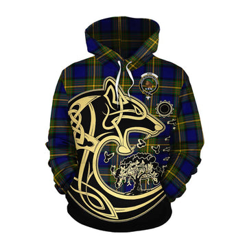 Tartan Vibes Clothing Muir Tartan Cotton Hoodie with Family Crest Celtic Wolf Style
