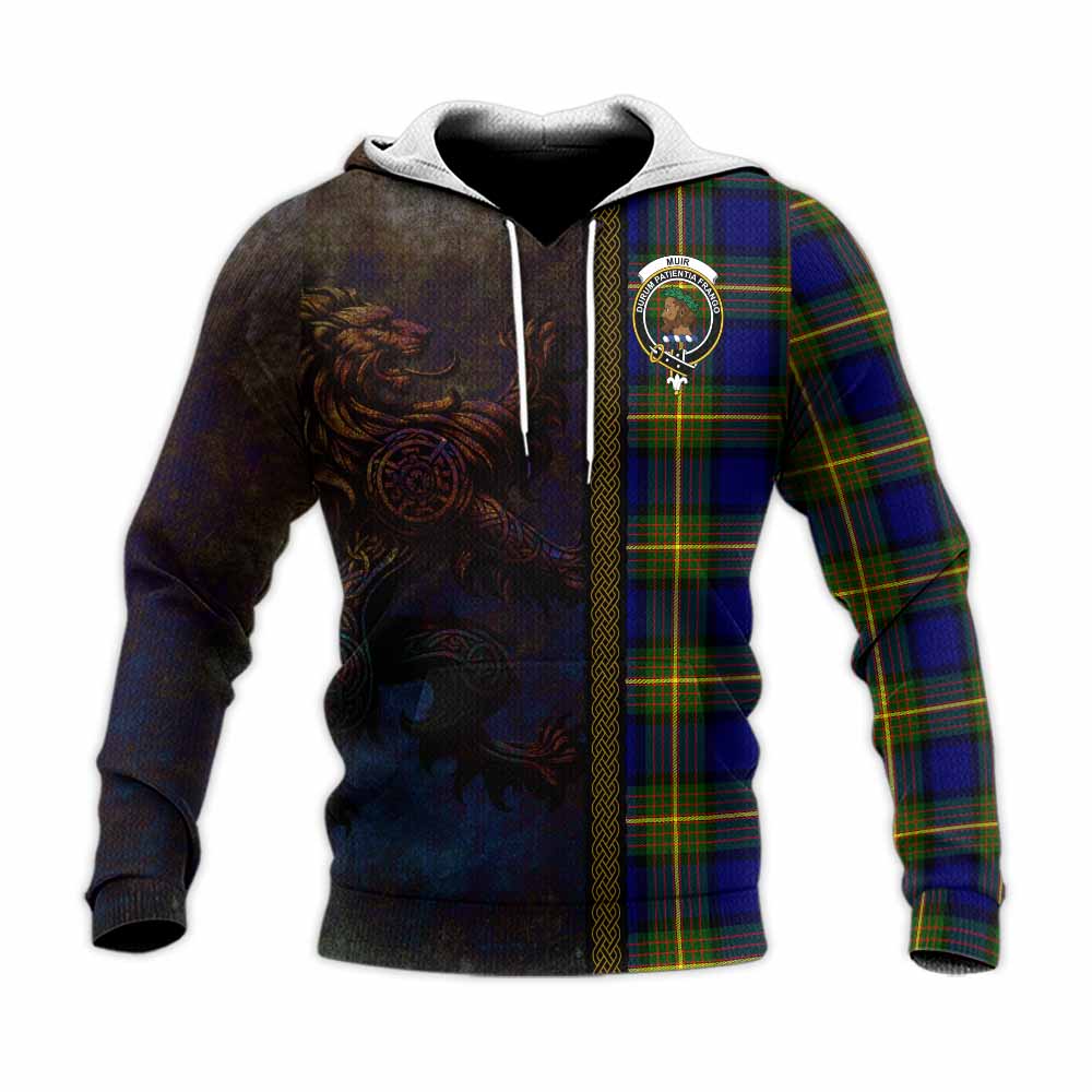 Tartan Vibes Clothing Muir Tartan Family Crest Knitted Hoodie Alba Gu Brath Be Brave Lion Ancient Style