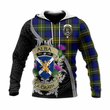 Tartan Vibes Clothing Muir Tartan Family Crest Knitted Hoodie Lion Rampant Royal Thistle Shield Celtic Inspired