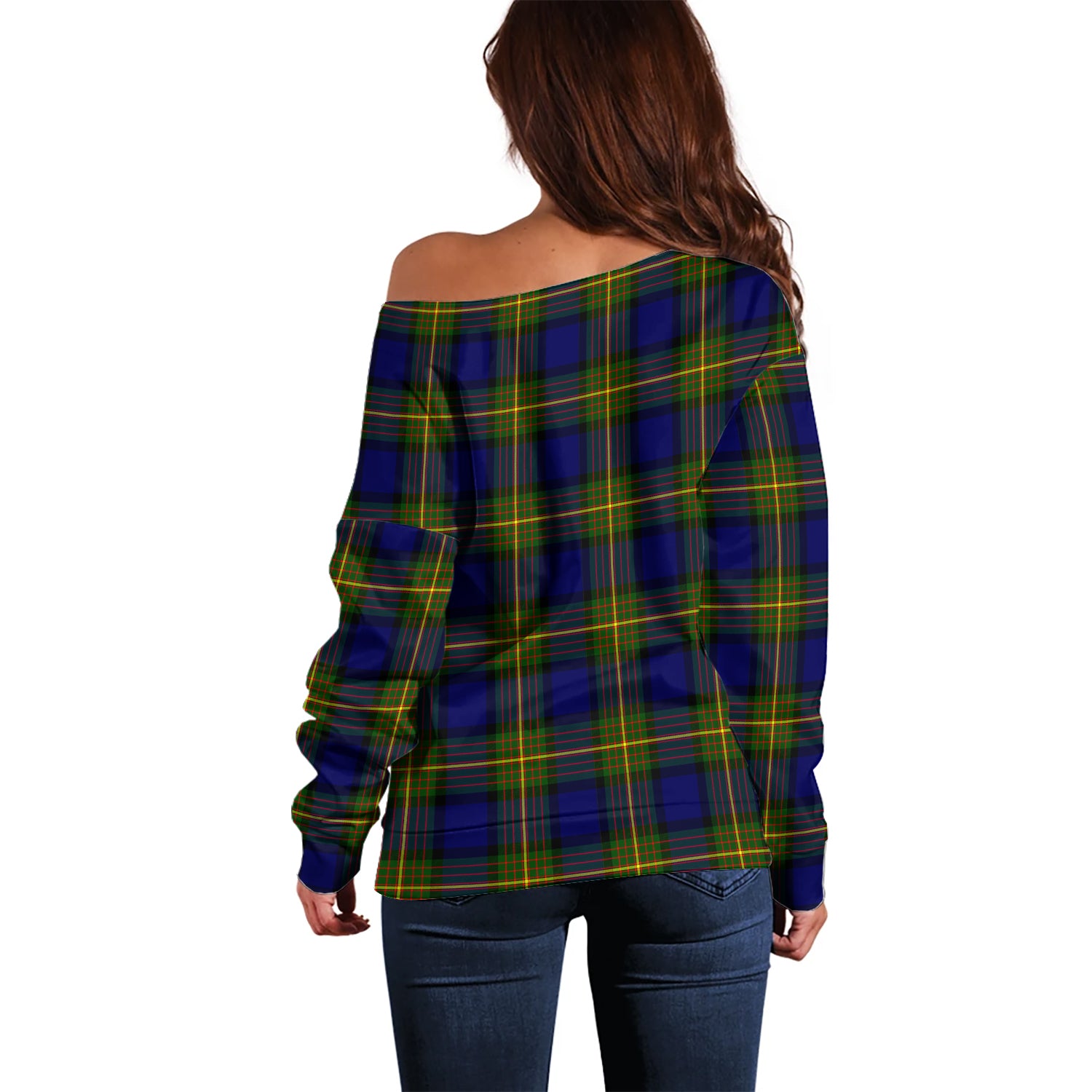 Muir Tartan Off Shoulder Women Sweater with Family Crest - Tartanvibesclothing