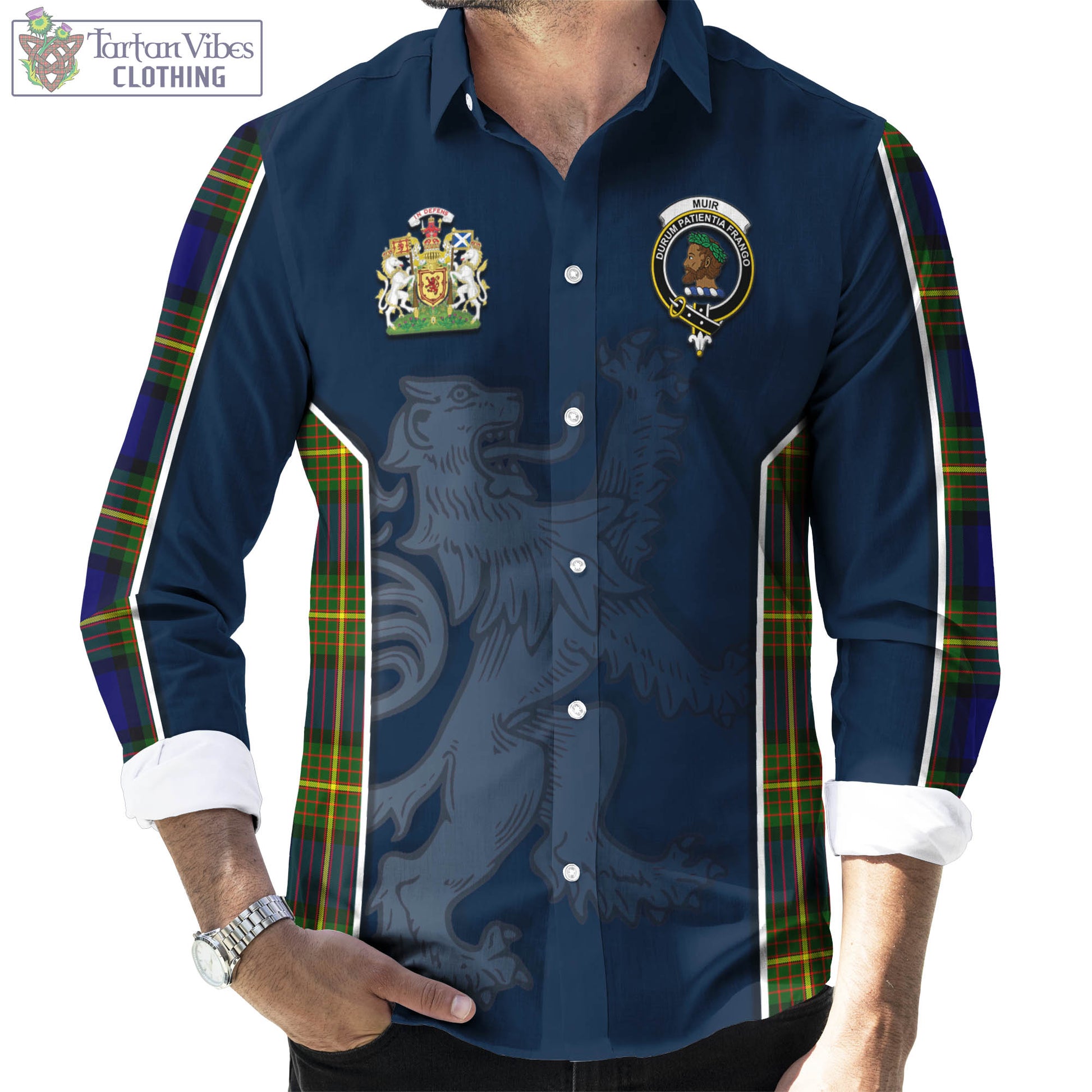 Tartan Vibes Clothing Muir Tartan Long Sleeve Button Up Shirt with Family Crest and Lion Rampant Vibes Sport Style